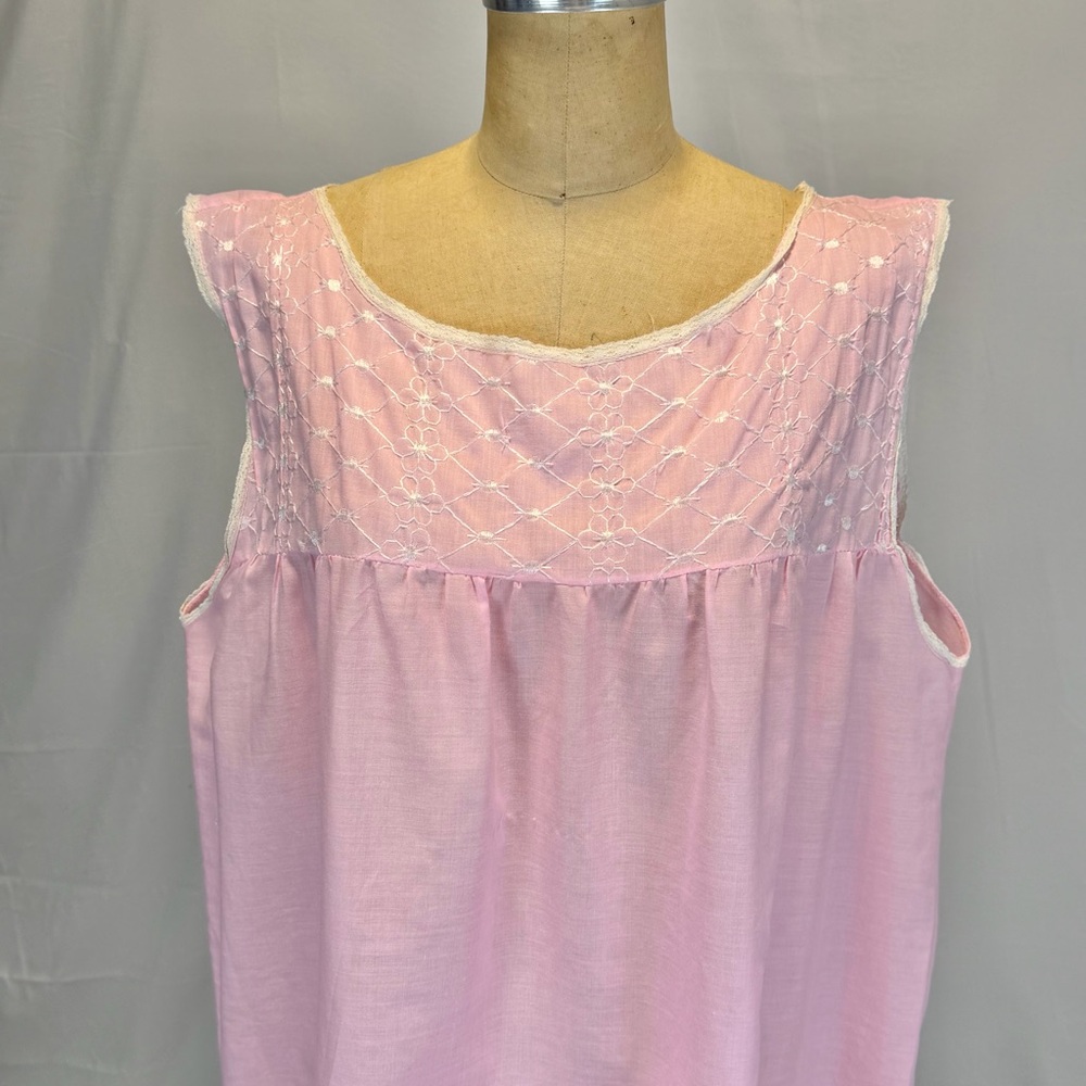 VINTAGE embroidered cotton nightgown shift midi pink floral‎ sleeveless lace 60s - Picture 4 of 12